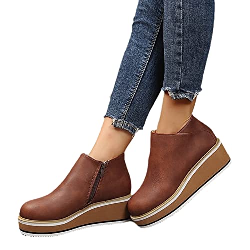 Botines Casuales Booties De Mujer Con Plataforma,Botas Cortas De Cuero PU De Primavera Con Cremallera,Zapatos De Tobillo De Mujer De Estilo Británico De Gran Tamaño ( Color : Brown , Size : 42 EU )