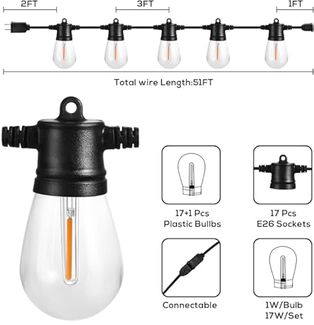 Banord 51FT Outdoor String Lights, Waterproof Patio Lights with 18 Shatterproof LED Bulb Hanging Light String, Black String Light Outdoor for Backyard, Garden, Porch, Cafe, Deck, Wedding, Party