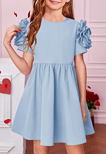 Yovion Girls Cute Dresses Crew Neck Flower Short Sleeve Ruffle A Line Swing Casual Dress With Pockets (Light Blue, 12) #TOP2