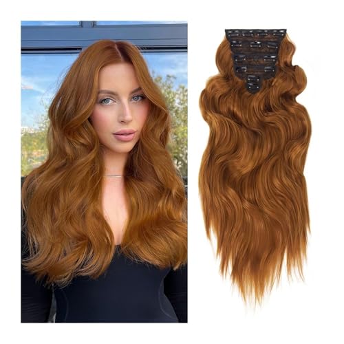 Extensiones de pelo sintético largo ondulado para mujer, color rojo anaranjado y rojo, 6 piezas, pelo largo, grueso, ondulado, extensiones de pelo para mujer, color rojo anaranjado