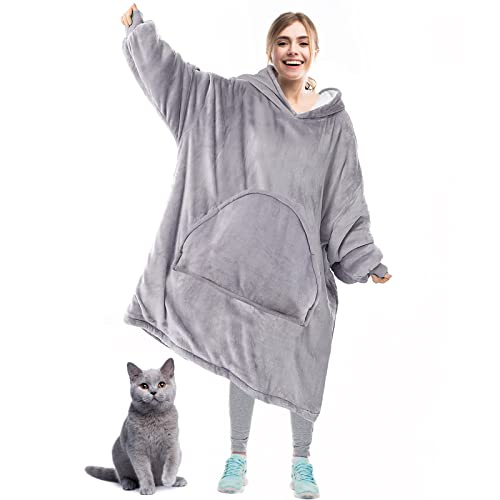 Giant Blanket Hoodie, Oversized Wearable Blanket, Sweatshirt Jacket for Men Women Teens with Large Pocket & Elastic Sleeves, Soft Hooded Sherpa Blanket ,One Size Fits All (Grey)