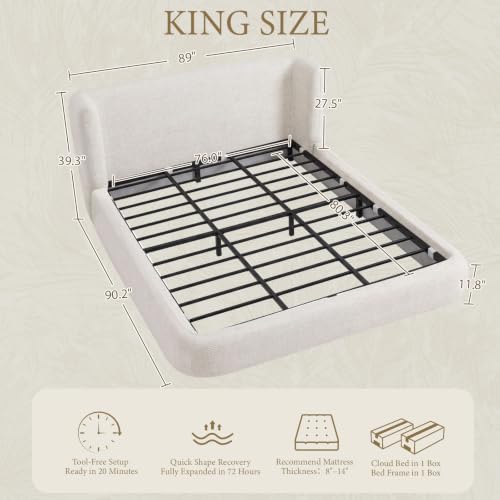 Image of Yechen King Cloud Bed, Upholstered King Platform Bed, Ivory
