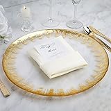 Tableclothsfactory 8 Pack | 13' Glass Charger Plates Reusable Gold Rim Charger Plates Spray Design Plates for Events Table Decoration
