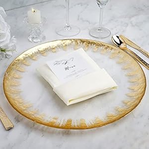 Tableclothsfactory 8 Pack | 13″ Glass Charger Plates Reusable Gold Rim Charger Plates Spray Design Plates For Events Table Decoration