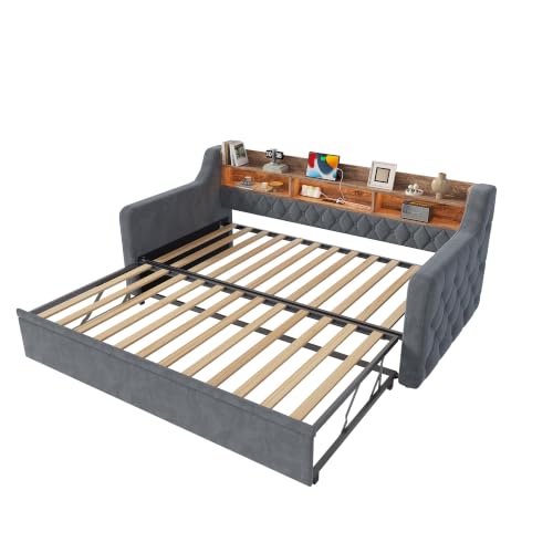 Sofá cama de 90x190 de terciopelo gris oscuro con cabecero de madera estructurado 6