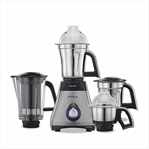 Preethi Steel Supreme Mg-208 Mixer Grinder, 750 Watt (Silver/Black), 4 Jars - Super Extractor Juicer Jar, Vega W5 Motor #TOP19