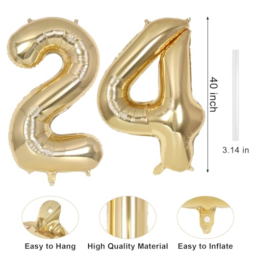 Image of Champagne Gold Large Number 24 Balloon, 40 Inch Light Gold Foil Helium Number Balloons, Giant Mylar Number 24 Balloons for 24 Years Old Birthday Party Anniversary Decorations (Champagne Gold 24)