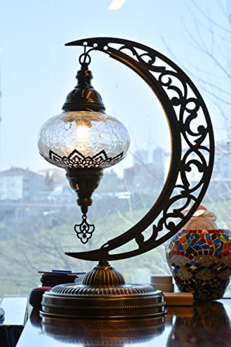 Mozaist Turkish Clear Glass Moon Shape Table Lamp, Vintage Moroccan Crescent Bohemian Desk Light, Rustic Living Room Antique Glam Home Decor Lighting, Luna Design Bedside Nightstand (Crack Clear) #TOP2