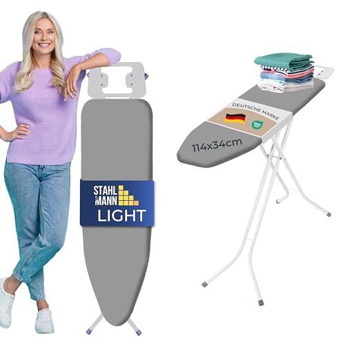STAHLMANN ® Bügelbrett [114x34 Bügelfäche ] grau mit rutschfesten Füßen – robuster Bügeltisch – extra stabiles Bügelbrett [Made IN EU] – Tischbügelbrett