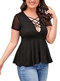 SOLY HUX Women Plus Size Sexy Criss Cross V Neck Short Sleeve Babydoll Peplum Top Blouses Shirts Black Sanded Fabric 1XL