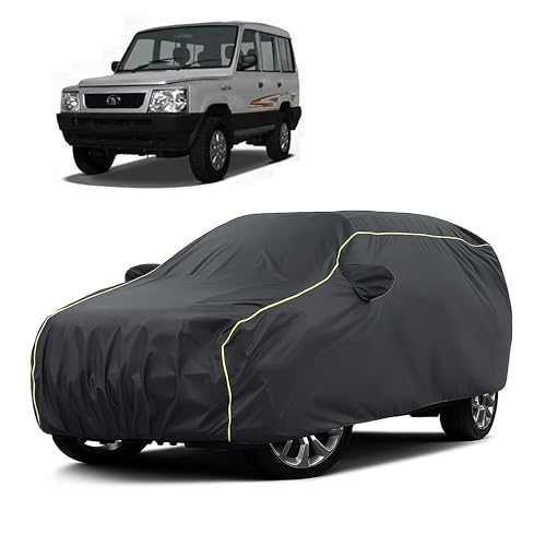 Image of Sulfar 100% Water Resistant Car Body Cover Compatible with Mirror for Tata Victa (Triple Stitched, Full Bottom Elastic, Dark Grey Taffeta with Yellow Piping)
