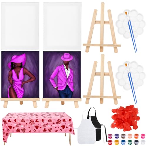13 PCS Sip and Paint Kit with Rose Petals for Adults Couples, Date Night Painting Kit with Aprons Tablecloth, Pre Drawn Blank Stretch Canvas Painting Kit for Romantic Valentines