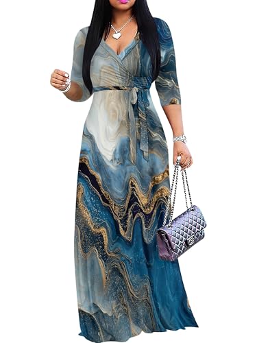 Image of Plus Size Dresses for Women Print Maxi Dresses 3 /4 Sleeve with Belt