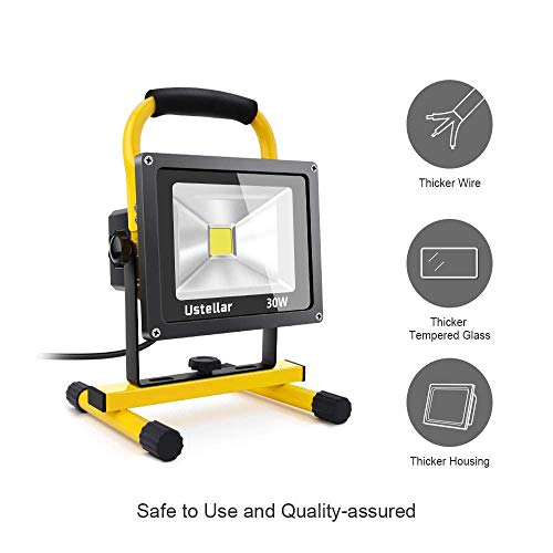 Ustellar 2400LM 30W LED Work Light (200W Equivalent), Waterproof Portable LED Flood Lights, Job Site Lighting with Stand for Construction Site, Workshop, 16ft/5M Cord with Plug, 6000K Daylight White