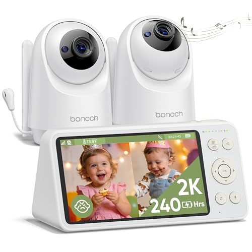 bonoch 2K 5.5' Split Screen Baby Monitor with 2 Cameras, 240hrs Battery Dual Video Monitor, White Noise, 1600ft Long-range, Hack-Proof No WiFi, Night Vision, Smart Detect for Cry/Sleep Turnover/Motion