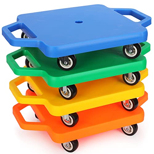 4 Pieces Sports Scooter Board with Handles Plastic Casters Floor Scooter Board Sitting Scooter Board for Kids Children Gym Indoor Outdoor Activities Play Equipment, 11.8 x 11.8 inch (Colorful)