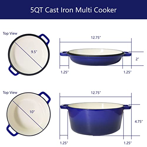 Enameled 2In1 Cast Iron Dutch Oven Pot With Grill Lid – 5 Quart Dutch Oven With Lid Cast Iron, Serves As Both Casserole & Stovetop Grill Pan For Gas, Electric & Ceramic Stoves, Never Needs Seasoning, Cobalt Blue Enamel Dutch Oven For Cooking & Baking #TOP2