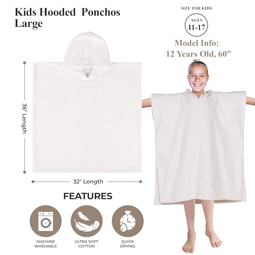 Image of Superior Kids Cotton Terry Poncho, Soft, Absorbent Bath Towel with Hood, Bathroom Accessories, Long, Plush Bathrobes for Bath, Shower, Spa, Resort, Hotel, Beach, Pool, Boy, Girl, Large Size, Ivory