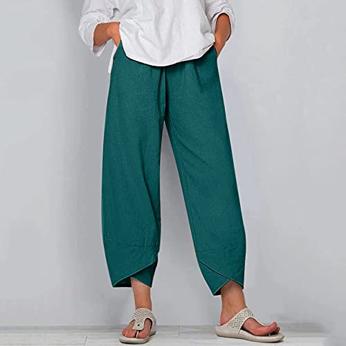 Image of Womens Cotton Linen Capri Pants Casual Elastic Printed Ankle Pants | Cotton Linen Capri Pants for Women 2025 Casual Printed Cropped Palazzo Pants Elastic Waist Lounge Baggy Trousers
