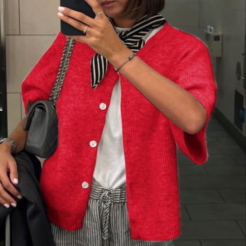 Image of Women Y2K Knit Cardigan Short Sleeve Crewneck Solid Color Button Down Tops Casual Going Out Sweater Streetwear