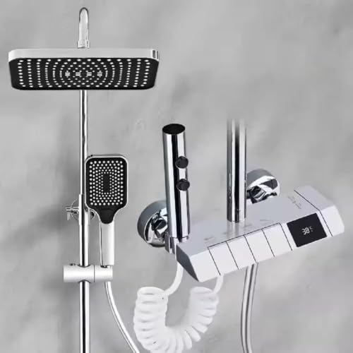 Image of X-XONIER Wall Mount Thermostatic Shower Set digital display 4 function shower set Mixer Hot & Cold, 3 function Handheld, overhead rainfall Jet Spray showers For Bathroom