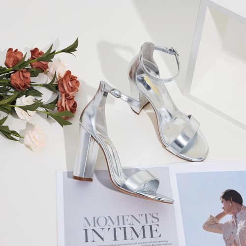 Image of GENSHUO Women's 4-inch Chunky High Heel Sandals with Ankle Strap,Party Wedding Bridal Shoes