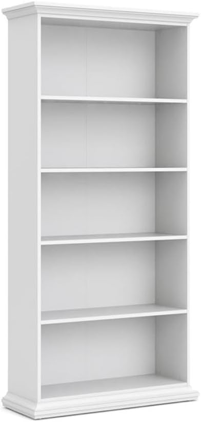Pemberly Row Modern Wood 5 Shelf Bookcase, White Finish, 37.87" W x 14.41" D x 79.04" H, Adjustable and Fixed Shelves, Contemporary Design, Fade Resistant, for Home Office or Living Room