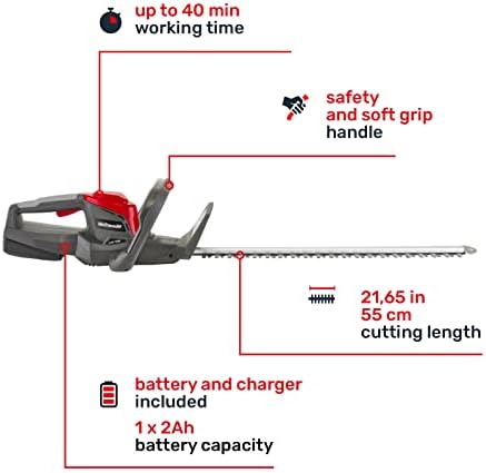 Mountfield MHT 20 Li Cordless Hedge Trimmer, For trimming garden hedges and bushes, 55cm dual action blades, 150W, 20V (2 Ah) battery, Battery and charger included