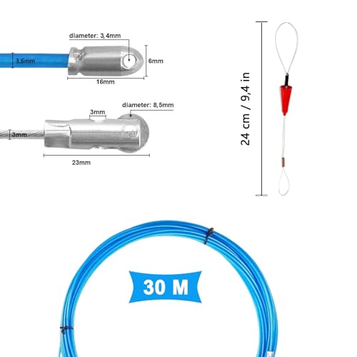 Kabeleinziehhilfe 30 m, Fischband, Kabeleinziehhilfe Einziehspirale Zugdraht, φ 3,6 mm Polyester Einziehdraht, Geeignet für Glasfaser, Kommunikation, Haushaltsstrom, Baustelle