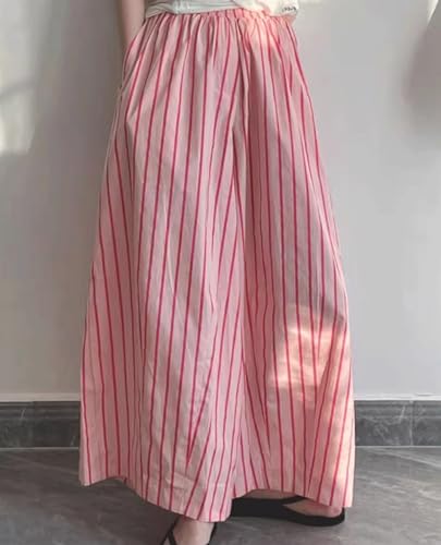CHARTOU Women's Summer Striped Long Skirt Elastic High Waist Flowy Ruffle Hem A Line Maxi Dress with Pockets4