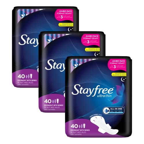 Image of Stayfree Ultra Thin Overnight Pads with Wings, For Women, Reliable Protection and Absorbency of Feminine Moisture, Leaks and Periods, 40 count - Pack of 3