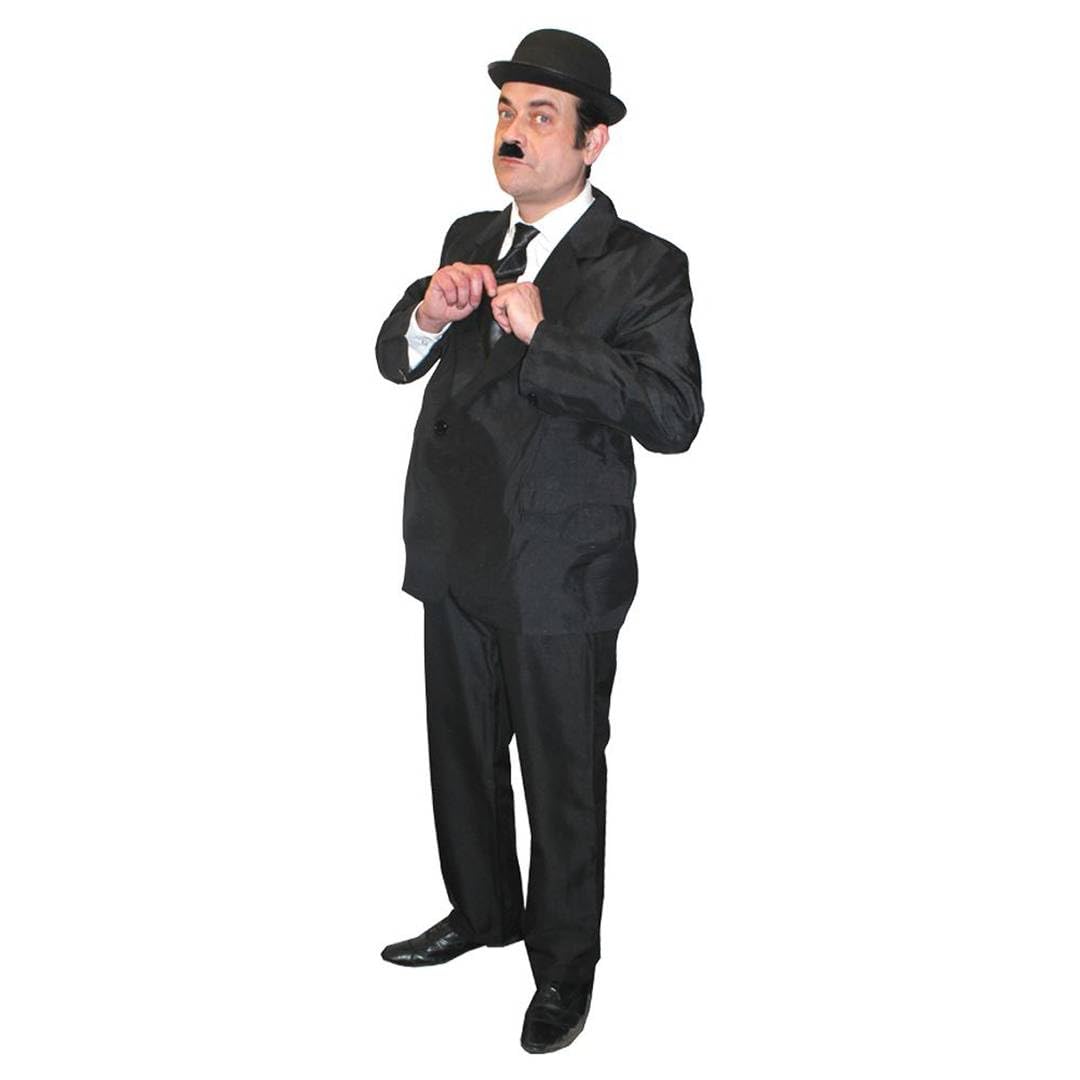 Adults Silent Movie Star Costume - Medium - Black Suit, Matching Tie, Bowler Hat, Black Eyebrows and Moustache - Mens 30s Comedian Entertainer Fancy Dress Costume