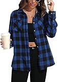 wihnsinop Bluse Damen Flanell Kariertes Hemd mit Knopfleiste Langarm Lässiges Hemden Slim Fit Passform Karo Hemdbluse Baumwolle Dickes Oberteile mit Tasche Oktoberfest Blau Schwarz M