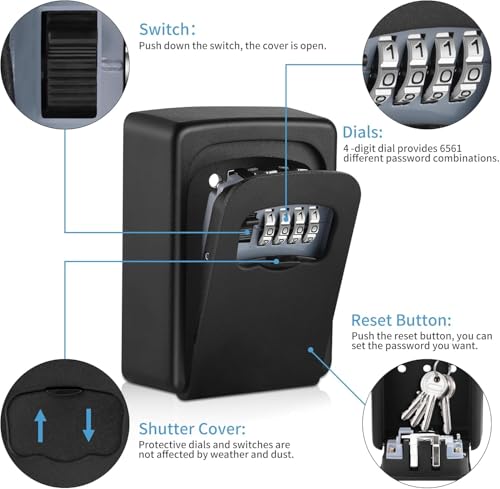 Image of Metal Key Lock Box Wall Mounted,4 Digit Combination Weatherproof Lockbox For Outside House,5 Keys Large Capacity Lockbox,Key Safe Security Storage Lock Box With Resettable Code (Black)