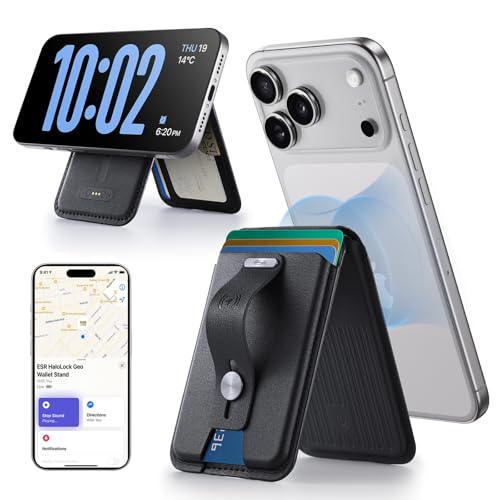 ESR Porte Carte pour MagSafe (HaloLock), Blocage RFID, Porte-Cartes Geo avec Support Réglables pour iPhone avec Tracker Localiser, Compatible avec MagSafe, pour iPhone Série 17/16/15/14/13/12, Noir