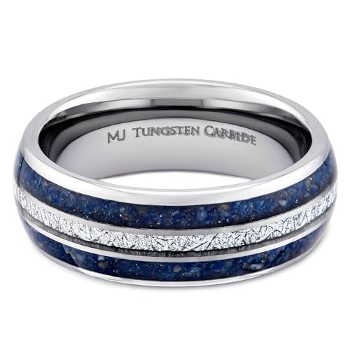 Tungsten Ring Polished Finish with Lapis Lazuli and Faux Meteorite Inlay 8mm Wedding Band Comfort Fit3