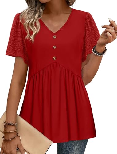 OFEEFAN Womens Clothing Plus Size Women Blouses Spring Tops Short Sleeve Shirts Valentine Shirts Teacher Outfits V Neck Peplum Tops Lace Sleeve Beach Vacation Clothes Christmas Red 3XL