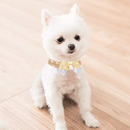 Image of Cat Collar, Dog Collar, [Bling Rhinestones][Cute Bow] PU Leather Adjustable Pet Collar for Cat and Small Dog Extra Small Silvery