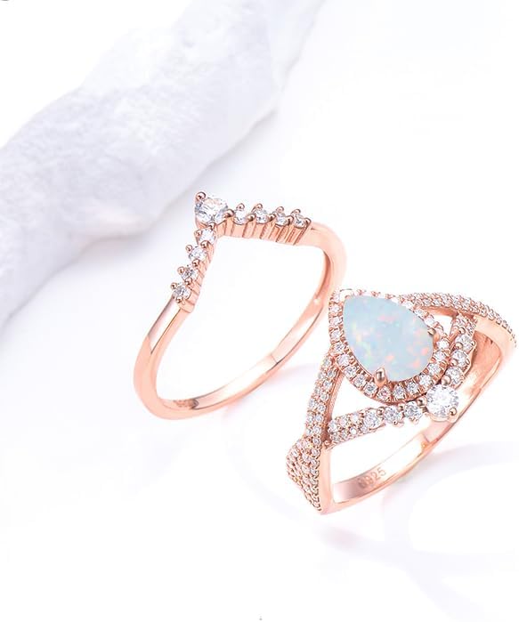 Genuine Opal Engagement Rings for Women 1.5ct Pear Shaped Opal Ring Set 925 Sterling Silver Rose Gold Wedding Ring Set Vintage Halo Infinity 2pcs Anniversary Promise Ring For Her - Image 3