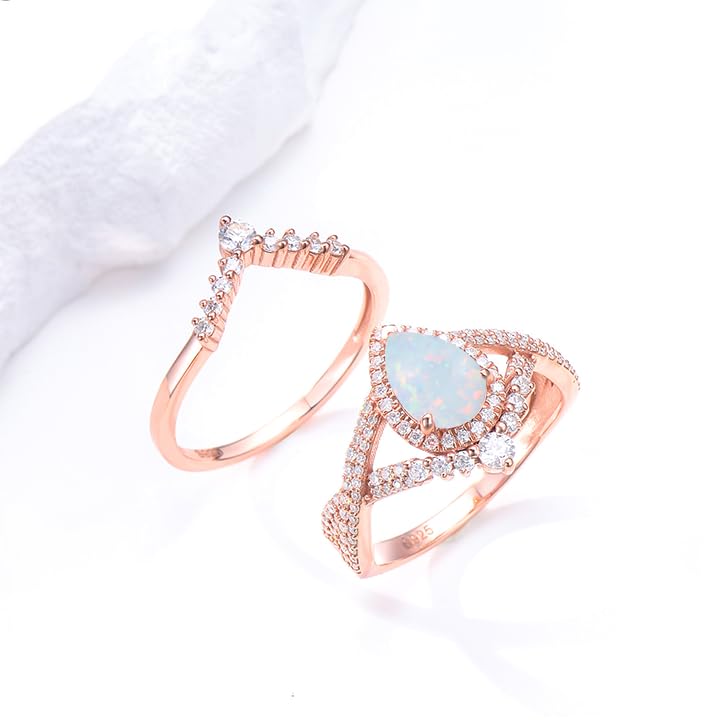 Genuine Opal Engagement Rings for Women 1.5ct Pear Shaped Opal Ring Set 925 Sterling Silver Rose Gold Wedding Ring Set Vintage Halo Infinity 2pcs Anniversary Promise Ring For Her3