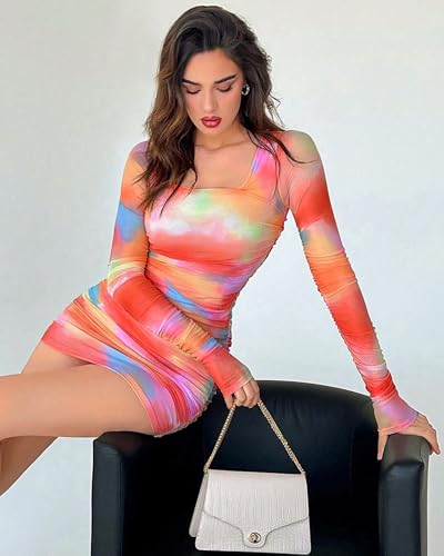 Image of MOEENCN Women's Sexy Mesh Dress Square Neck Long Sleeve Ruched Printed Bodycon Party Club Cocktail Mini Dresses