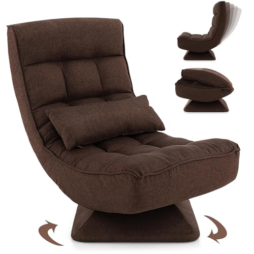 RELAX4LIFE Poltrona da Terra con Base Girevole, Poltrona Relax con Schienale Reclinabile in 4 posizioni, Adatta per Camera da Letto, Ufficio e Soggiorno (71-100 x 63 x 83-92,5 cm, Marrone, 1)