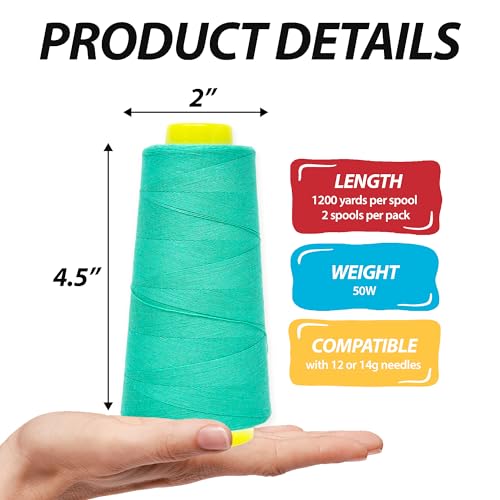 Image of Mandala Crafts Turquoise Mercerized Cotton Thread Cones for Sewing Quilting | 2400 Yds 50 WT, 100% Long Staple Cotton, Multipurpose, for Embroidery, Piecing, Sergers, Applique, Machine and Hand Sewing