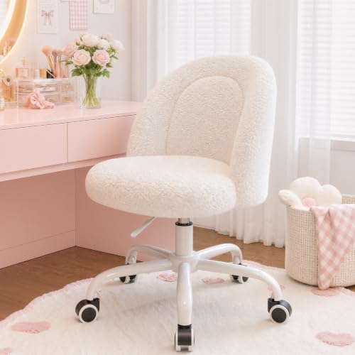 Image of DurayLoly White Vanity Chair with Wheels, Cute Desk Chair with Back, Armless Chair with Height Adjustable & 360 Swivel, Soft Lumbar Support for Small Space, Bedroom