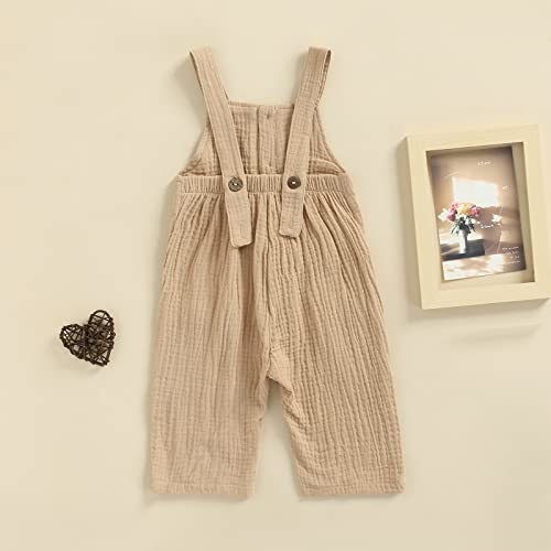 Cym Toddler Baby Boy Girl Cotton Romper Kids Solid Ribbed Sleeveless One Piece Jumpsuit Long Pants Overall Outfits (Khaki Cotton, 6-12 Months) #TOP3