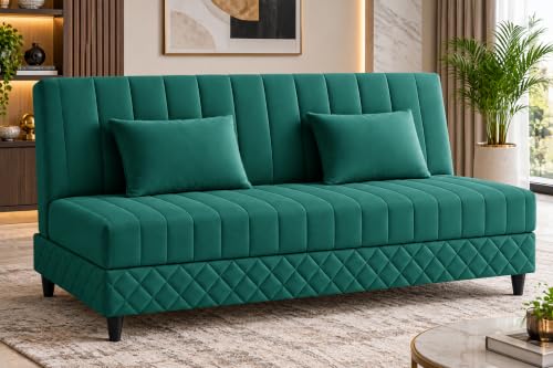 Image of Rosebell Modern 3-Seater Sofa Cum Bed Foldable Velevt Fabric Sofa, Stylish Design for Living Room, Guest Room & Office-Green-Color