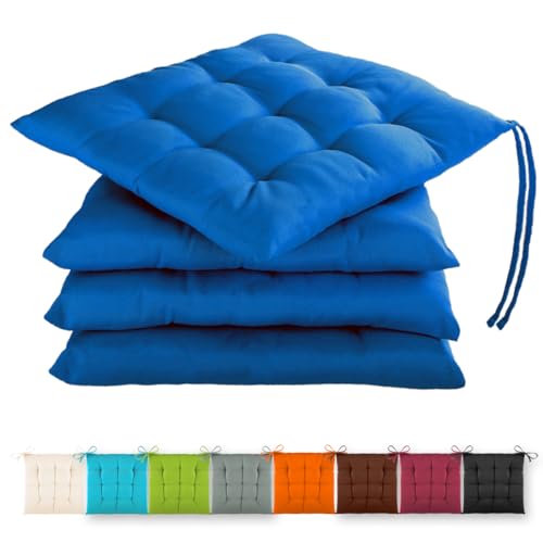 Gräfenstayn® set di 4 cuscini di seduta 40x40x3cm con cinghie di ritenzione per interni ed esterni con guarnizione Oeko-Tex - (Blu)