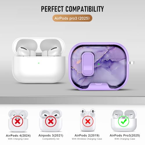 Image of Compatible Airpods Pro 3 Case (2025) with Phone Stand & Cleaner Kit,Print Soft Silicone Lock Clip Apple AirPods Pro 3rd Generation Case, Airpod Pro 3 Cover with Keychain for Women /Girls,Purple Marble