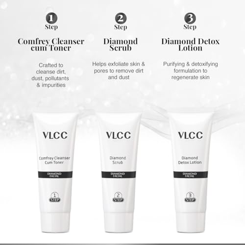 VLCC Diamond Facial Kit - Single Use | Salon Like Facial at Home in Just 6-Steps | Includes Cleanser, Scrub, Cream, Face Pack & Moisturizing Gels | 2.12 Oz/60g