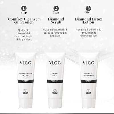 VLCC Diamond Facial Kit - Single Use | Salon Like Facial at Home in Just 6-Steps | Includes Cleanser, Scrub, Cream, Face Pack & Moisturizing Gels | 2.12 Oz/60g